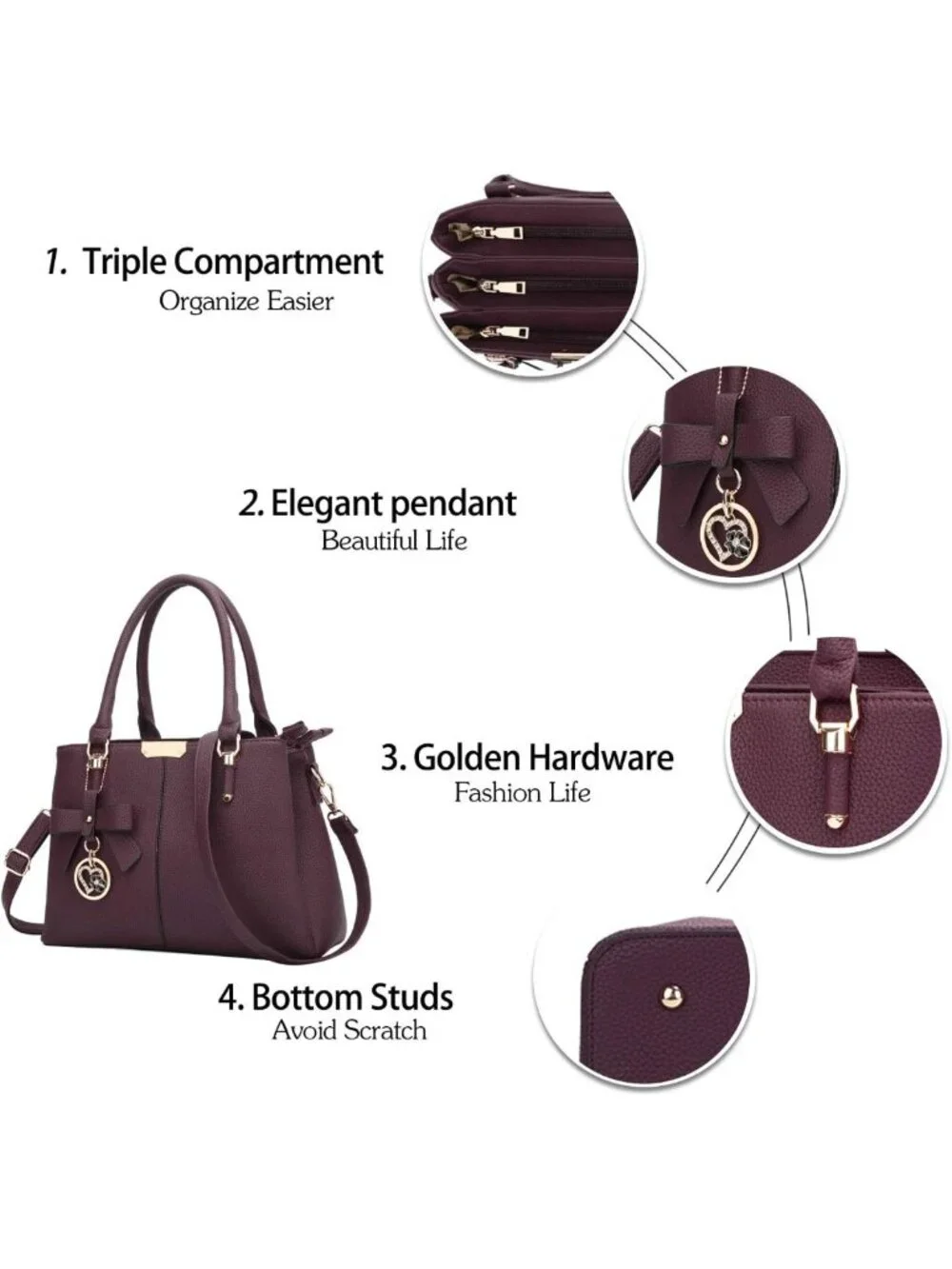 Stylish PU Leather Satchel Bag with 3 Zippered Compartments & Removable Strap